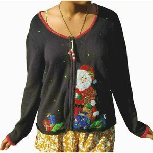 Carly St. Claire Women's Full Zip Christmas Cardigan Beads Sequins Patches